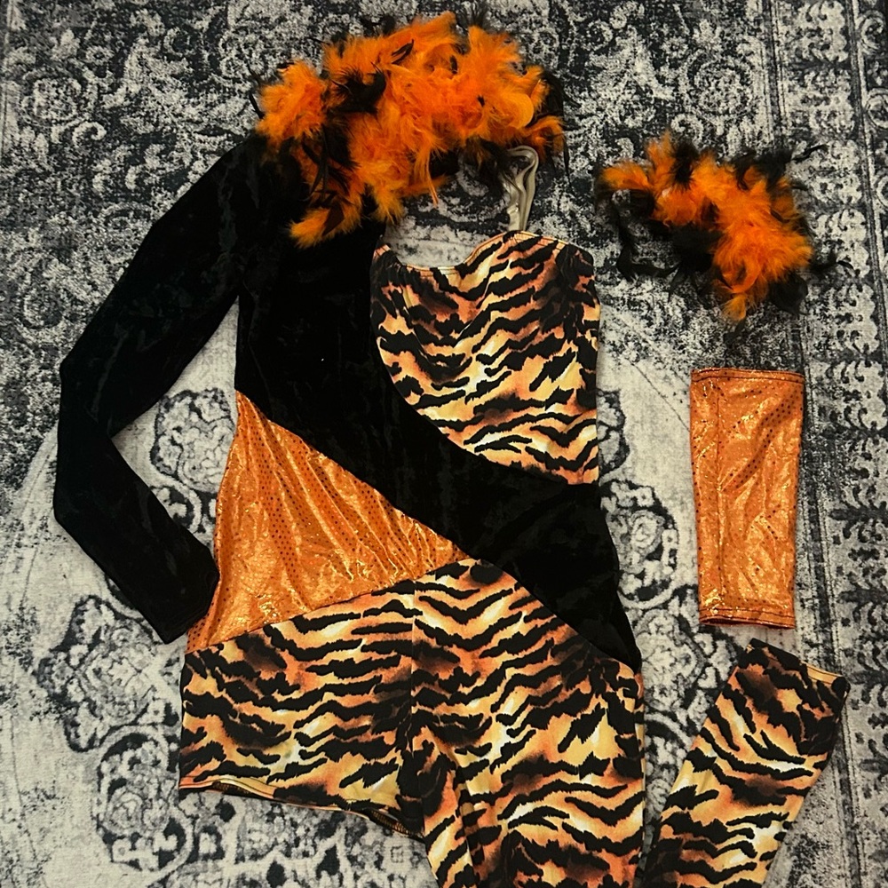 Orange and black feathered tiger dance costume,Size child XL
